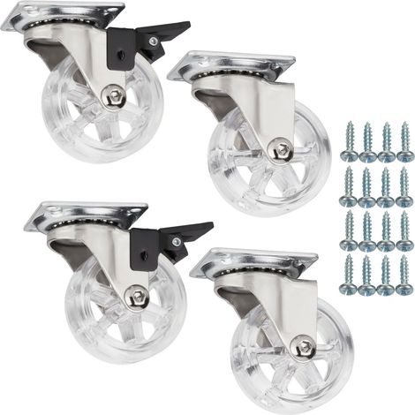 SOTECH Set Möbelrollen RAPID Ø 50 mm transparent 2 x mit und 2 x ohne Bremse (Feststeller) inkl. Schraubenset Belastbarkeit bis 140 kg (35 kg pro Transportrolle)