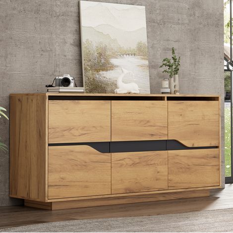 REDOM - Aparador 140x40x70 cm, 3 puertas, estantes ajustables, cierre suave, tablero de partículas roble y negro (1/5)