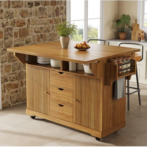 Isla de cocina móvil 142,5x80x95 cm con extensiones abatibles, 3 cajones, ruedas con freno, MDF - marrón (1/5)
