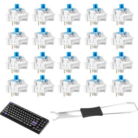 20 PCS Interrupteurs Mécaniques Bleus pour Clavier – Commutateur De Clavier Mécanique Transparent À Axe Bleu INCL. Extracteur, 3-Pin Remplaçable pour Claviers Mécaniques, Clicky DIY (1/5)