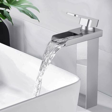 Robinet Salle Bain Mitigeur Lavabo Cascade Chromé En Laiton Carré Vasque à Poser Mono Levier de Commande surélevé Pour Lavabo Lave Mains Robinetterie Salle de Bain (1/4)