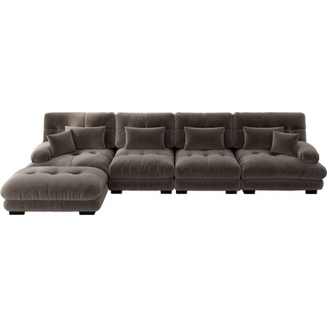 Divano angolare modulare a L 4 posti in chenille marrone con pouf mobile MODENUIT (1/5)
