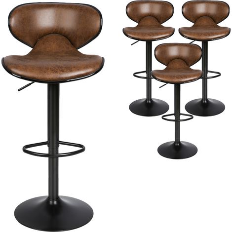Skecten Juego de 4 Taburetes de Bar Taburetes Alto de Cocina con Respaldo, Regulable en Altura y Giratorio Cromado de Cuero sintético, para Isla Cocina/Comedor (Marrón)