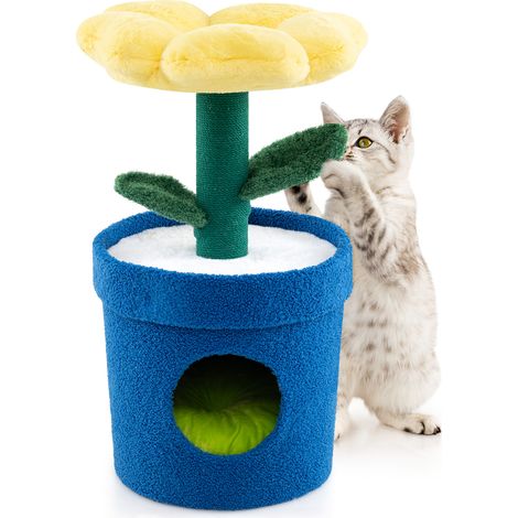 Arbre à Chat Mignon pour Chats d'Intérieur avec Perchoir Rembourré en Forme de Fleur, Condo en Forme de Pot, Griffoir en Forme de Tige, Jaune (1/5)