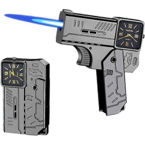Briquet porte-clés pistolet transformable avec motif montre - Briquet rechargeable au butane à flamme bleue coupe-vent, idéal pour les activités de plein air et les cadeaux EDC pour hommes (1/5)