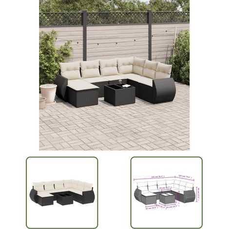 The Living Store 8-tlg. Garten-Sofagarnitur mit Kissen Schwarz Poly Rattan - Gartenmöbel Set - PE-Rattan Möbel - Outdoor Lounge - Gartenlounge - Esstischset (1/3)