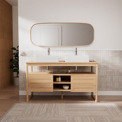 Conjunto mueble doble lavabo 140 cm + Lavabos + Grifos + Espejo ATOLL (1/5)