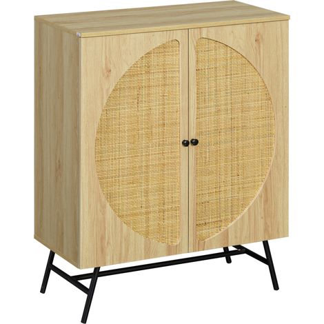 Buffet haut en bois et rotin, 2 portes, 80 x 39 x 101,8 cm, naturel