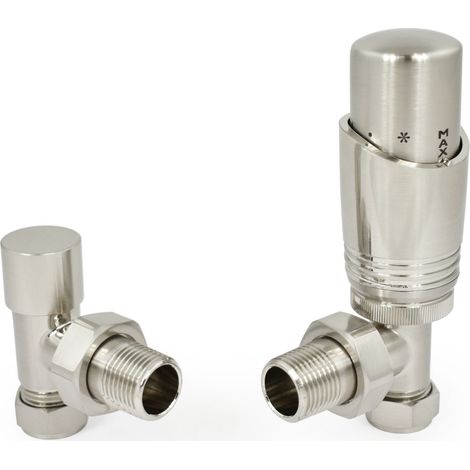 West Delta Angled TRV Thermostatic Radiator Valve and Lockshield - Satin Nickel (1/5)