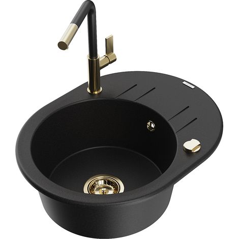 Mexen Kevin 1 Becken-Granitspüle mit Abtropffläche und Mischbatterie Flora, Schwarz - 6517-77-670401