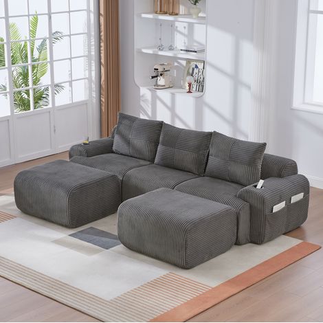 Divano modulare da 3 posti con 2 pouf, portabicchieri e tasca laterale, grigio scuro, in velluto a coste (panno), 268x174x80 cm (1/5)