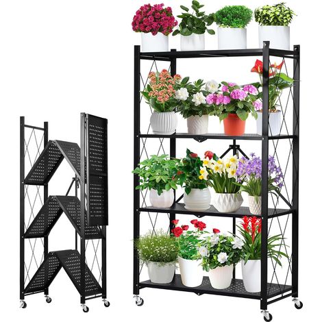 4 étages Étagère pliant support de fleurs pour l'intérieur et l'extérieur : construction en fer robuste avec revêtement en poudre noir, design peu encombrant pour balcon, salon ou jardin. (1/5)