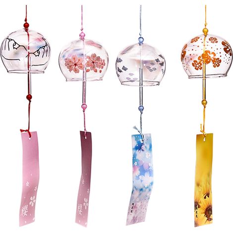 Lot de 4 carillons à vent pour jardin, cloches japonaises en verre, pendentif de style japonais pour extérieur, intérieur, décoration de jardin, cadeau d'anniversaire (1/5)