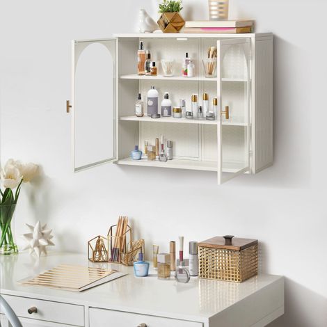 Mobile da cucina sospeso, mobile da bagno con 3 ripiani, 2 ante in vetro, metallo, 70×23×60cm, bianco (1/5)