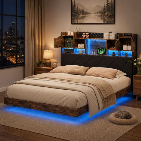 Lit capitonné 160×200 cm, lumière LED et port USB, lit double,tête de lit avec rangement,cadre de lit 160×200, effet flottant, style moderne, cadre en métal, lit adulte, lit ados, PU, Noir (1/5)