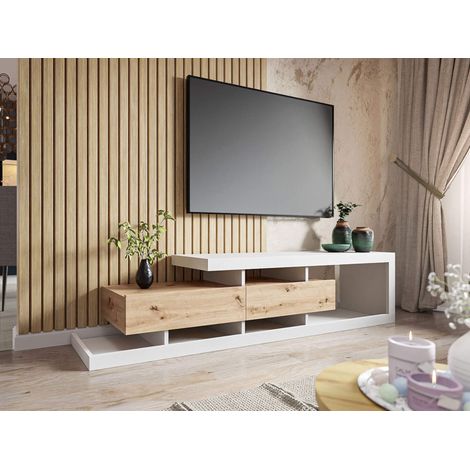Bestmobilier – Meuble TV scandinave 198 cm – Effet bois et blanc – 2 tiroirs – Résistant à l'humidité et aux rayures (1/5)