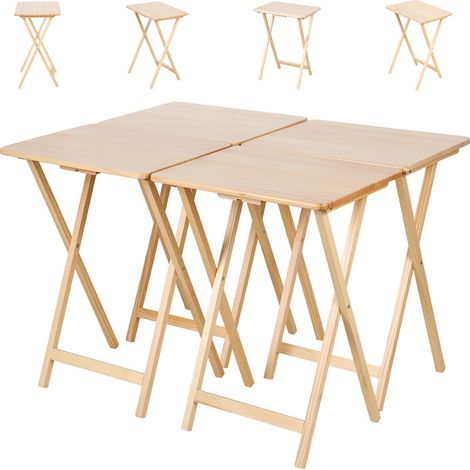 WILITTO Lot de 4 Tables d'Appoint Pliantes en Pin - Tables TV Tray en Bois Massif, Design Gain de Place, pour Salon, Cuisine, Camping et Pique-Nique, Naturel (1/5)