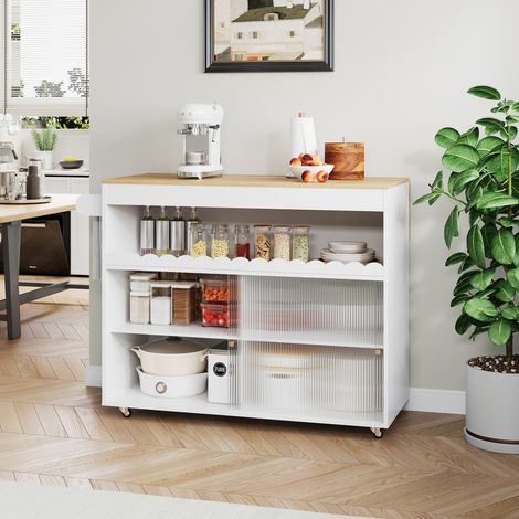 Chariot îlot de cuisine pliant 122 x 46(69) x 91 cm avec verre trempé et MDF (1/5)