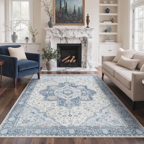 Tapis Salon Vintage 200x290cm Lavable en Machine Rug Grand AntidéRapant Poil Ras, pour Chambre Salle a Manger Descente de Lit Bureau, Cuisine, Bleu et Crème (1/5)