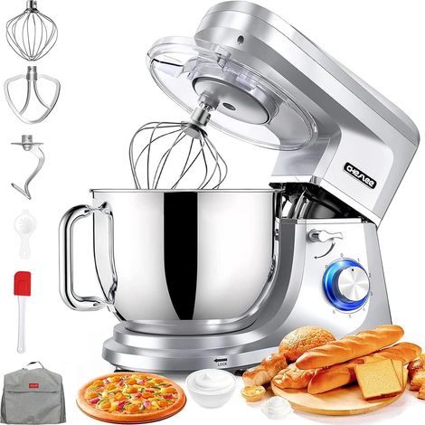 Robot Pâtissier 2000W Robot de Cuisine 8 L Bol d'Acier Inoxydable,6 Vitesses avec Fonction Pulse avec Fouet Crochet Pétrisseur et Batteur,Housse anti-Poussière (1/5)