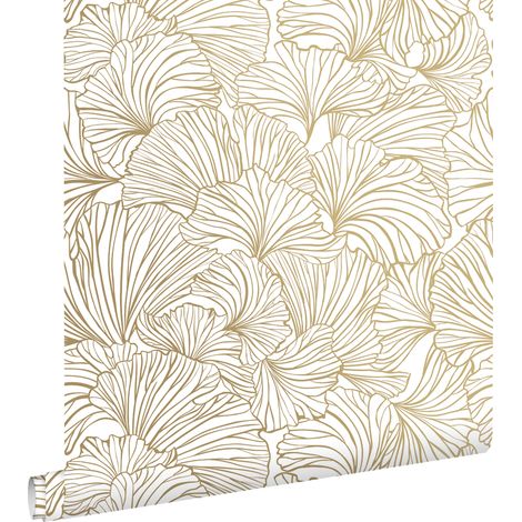 Papier peint intissé feuilles de ginkgo blanc et or – Dimensions 53cm x 10,05m – Écologique avec encres à base d'eau – Pose facile – Estahome (1/5)