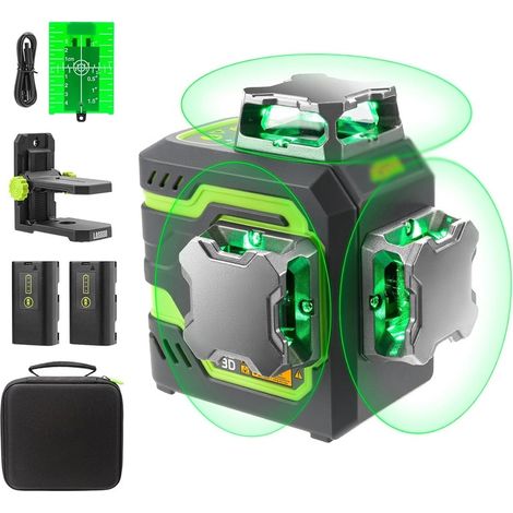 Niveau Laser Auto-nivelant 3x360°- Laser 3D à Faisceau Vert pour Construction et Alignements - 2 Batteries Rechargeables (20h) - Support Magnétique Rotatif et Relevable，Vert