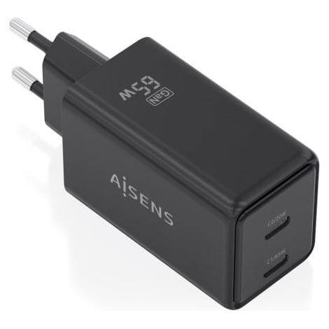 Cargador de Pared GaN Aisens ASCH-65W2P079-BK/ 2xUSB Tipo-C/ 65W/ Negro