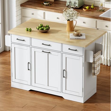 REDOM - Îlot de cuisine - 120x45(70)x87 cm - plateau rabattable - rangement et compartiment à déchets - MDF - naturel et blanc (1/5)