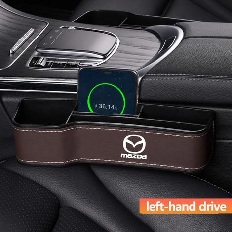 (Marron à gauche) Boîte de rangement en cuir pour l'espace entre les sièges de voiture Mazda 2, 3, MS, CX5, CX3, MX5, RX8. Sac de rangement inclus. (1/5)