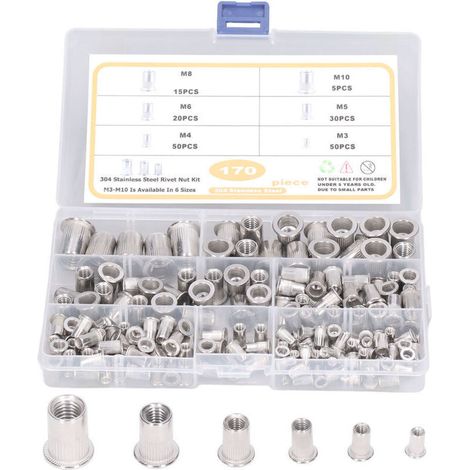 Kit assortimento di 170 pezzi di dadi a rivetto in acciaio inox con testa piatta, dadi a rivetto filettati, inserti per dadi M3, M4, M5, M6, M8, M10 - Dadi Crezuo-Crezuo