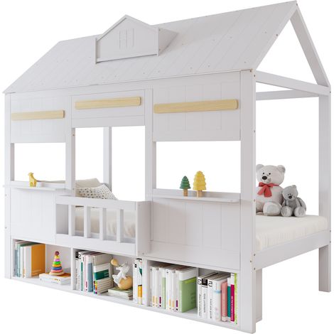 Lit mezzanine enfant 90x200 cm maison blanche avec bibliothèque intégrée, sommier à lattes stable et rangement pratique pour chambre d'enfant – CHICFURN (1/5)