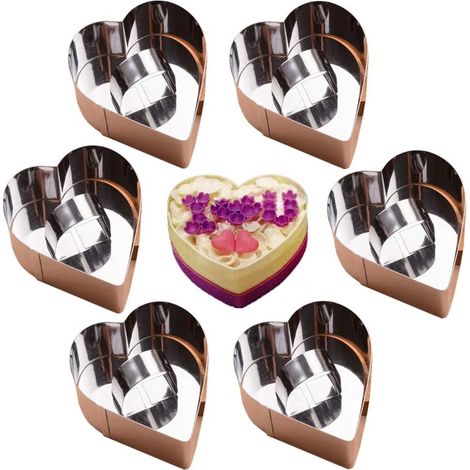 Lot de 6 cercles à pâtisserie en acier inoxydable avec poignée, pour gâteaux, mousses et desserts. Dimensions : 8 x 3,8 cm. Couleur : argenté. Forme : cœur. (1/5)