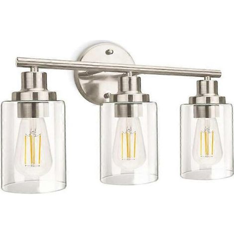 Applique murale à 3 lumières au-dessus du miroir finition nickel brossé abat-jour en verre transparent style moderne pour salle d'eau. (1/4)