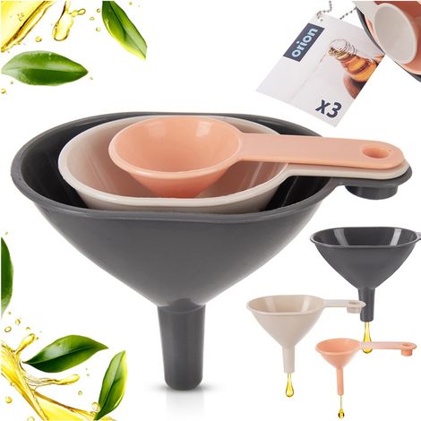 Set di 3 imbuti da cucina 8,5x4, 10x5,5 e 11,5x7 cm per bottiglie e barattoli di succo, marca Orion 120458 (1/5)
