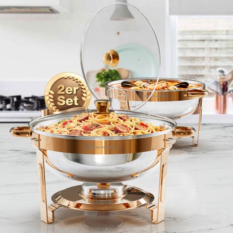 2pcs 5QT Rose Gold Chafing Dishes for Buffet, 4,7L Stainless Steel Round Chafers and Buffet Warmers Sets with Glass Lid & Lid Holder, for Catering Events, Parties