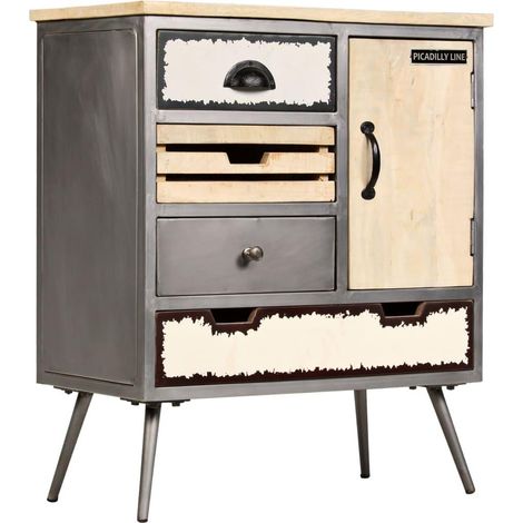 Buffet bahut armoire console meuble de rangement bois de manguier massif et acier 76 cm