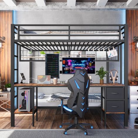 DESVIAE Lit mezzanine en métal avec bureau tiroirs étagères et grille de rangement LED 7 couleurs et port USB noir 140 x 200 cm (1/5)