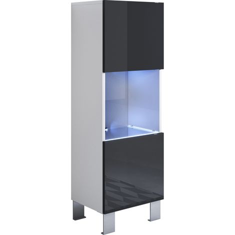 Vetrina con Piedini 12cm e LED  Mobile Soggiorno Moderno  Salotto  Vetrinetta pensile  40x138x28  Modello Luke V3  Bianco e Nero lucido