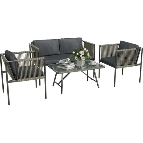 Set da giardino 4 pezzi con divano 2 posti, 2 poltrone, tavolo in vetro e cuscini, rattan grigio (1/5)