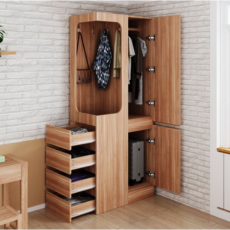 Armario ropero de madera color natural con 1 puerta, 4 cajones y zona abierta para colgar 70 x 40 x 170 cm (1/5)