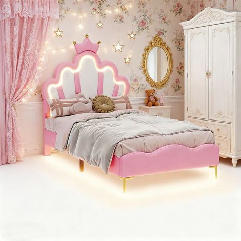 Bett 90x200 cm NEXU Rosa — Kopfteil Krone mit LED, Lattenrost, Metallrahmen