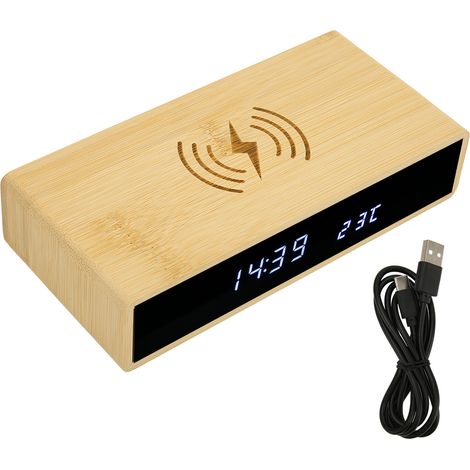 Réveil numérique en bambou bois avec charge sans fil multifonction LED élégant et raffiné (1/5)