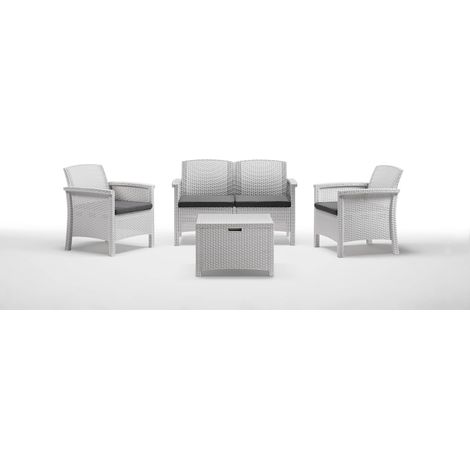 Garten Lounge Venedig Rattan 1 sofa 2 Sessel 1 Couchtisch Weiß mit grauen Kissen