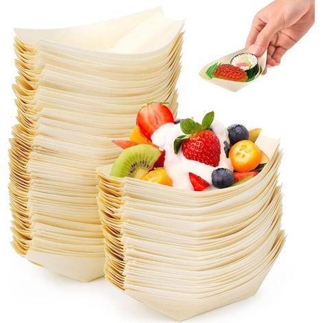 100 Pièce Bol Coupelle Alimentaire Dégradable Coupelles Forme de Bambou Bateau Jetable en Bois Écologiques et Biodégradables pour Currywurst Buffet Frites Finger Food Aperitif Sushi (1/5)