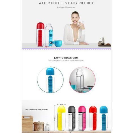 600ML Portative Boîte Pilule Sept Jours 2 En 1 Tasse De Boîte Rangement D'eau Bureau Voyage Extérieure Bouteille D'eau Coupe Bleu (1/4)