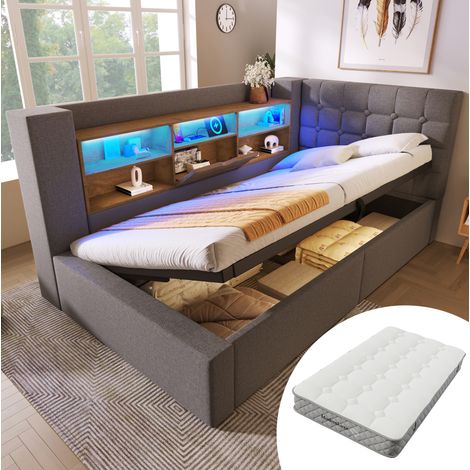 Okwish Lit coffre 90x200 cm avec LED et ports USB, tissu lin, gris (Avec matelas) (1/5)