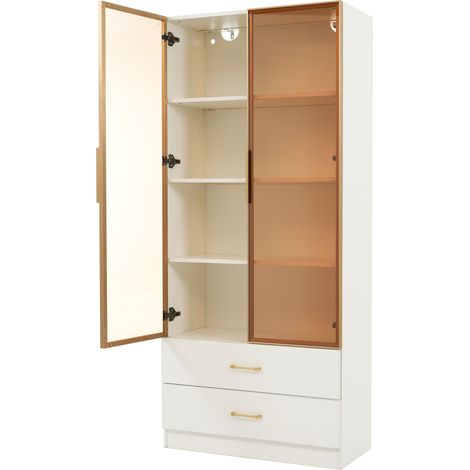 Weißer Badezimmerschrank aus MDF 75 cm mit 2 Schubladen, 2 Glastüren und Lichtleiste (1/5)