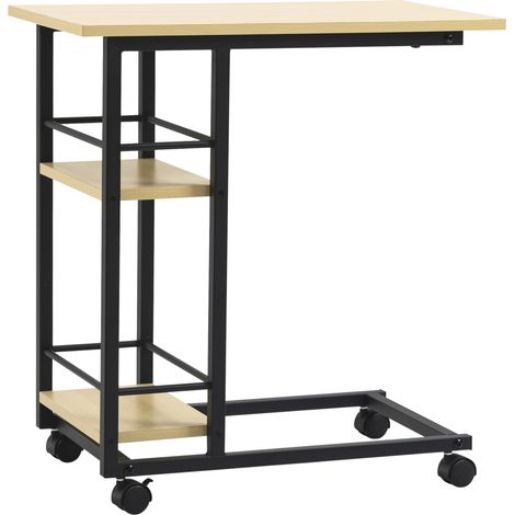 Beyamis Mobiler Beistelltisch mit C-förmiger Ablagefläche und 2 Regalböden, moderner Stil, 60 x 34,5 x 64,5 cm, Natur