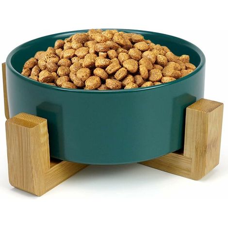 Ceramic Cat Bowl Love Bowl Non-Slip Bowl with Bamboo Stand for Dogs and Cats 400ML, Green