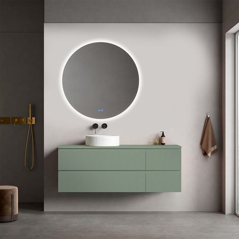 Mobile bagno sospeso cannettato reversibile 140 cm Verde Salvia per Lavabo d'appoggio Specchio Tondo Retroilluminato - Fiji Paint Top Canneté